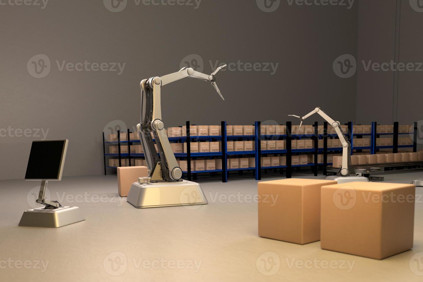 Arm Robot AI manufacture Box product Object for manufacturing industry technology Product export and import of future For Products, food, cosmetics, apparel warehouse mechanical future technology photo