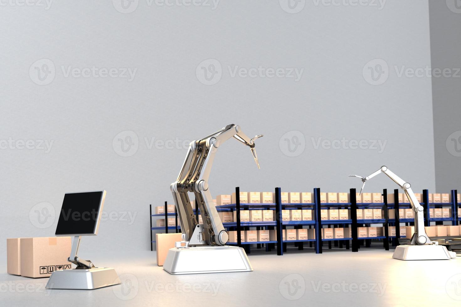 Arm Robot AI manufacture Box product Object for manufacturing industry technology Product export and import of future For Products, food, cosmetics, apparel warehouse mechanical future technology photo