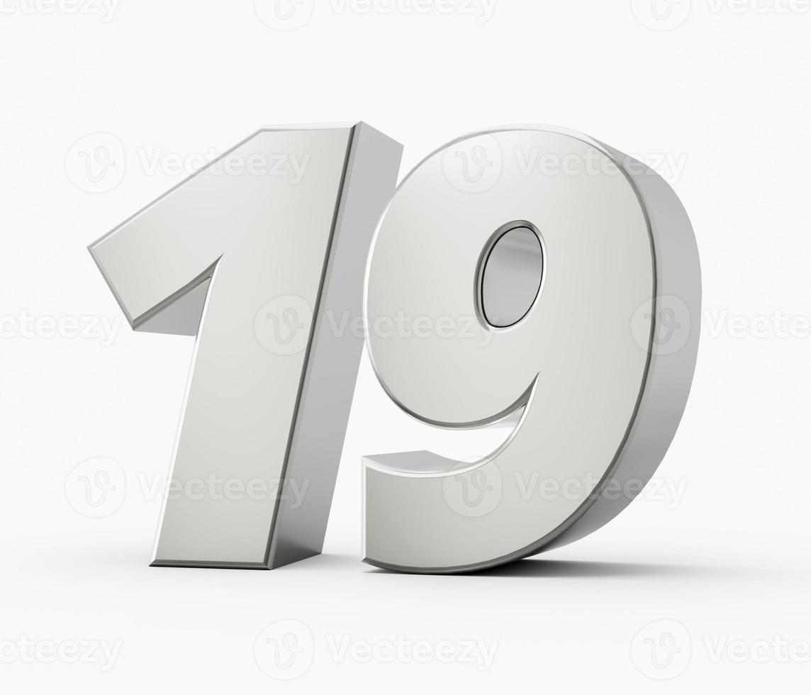 Silver 3d number 19, Nineteen silver 3d number isolated on white background, 3d illustration photo
