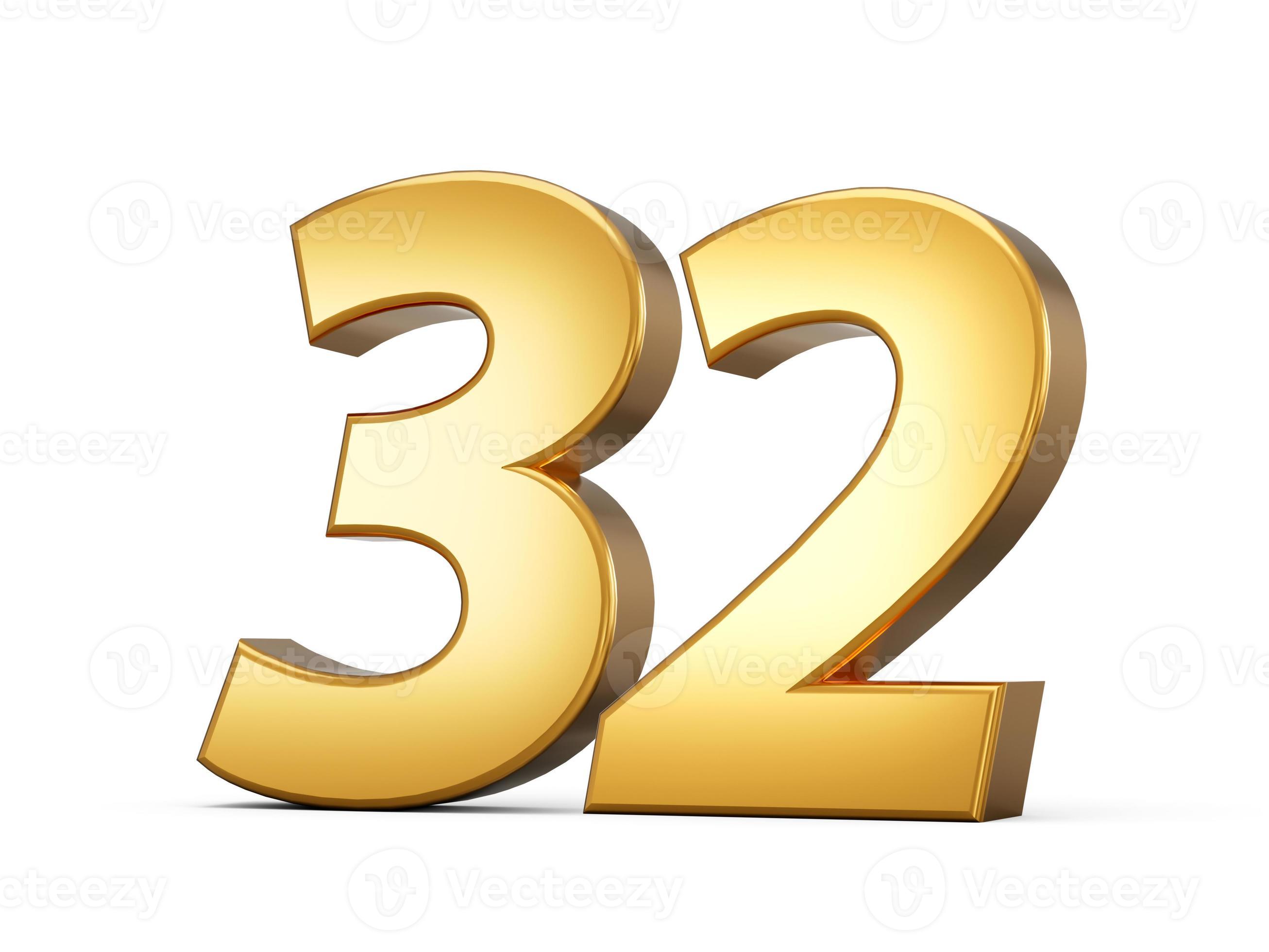 Golden metallic Number 32 Thirty two, White background 3d illustration ...