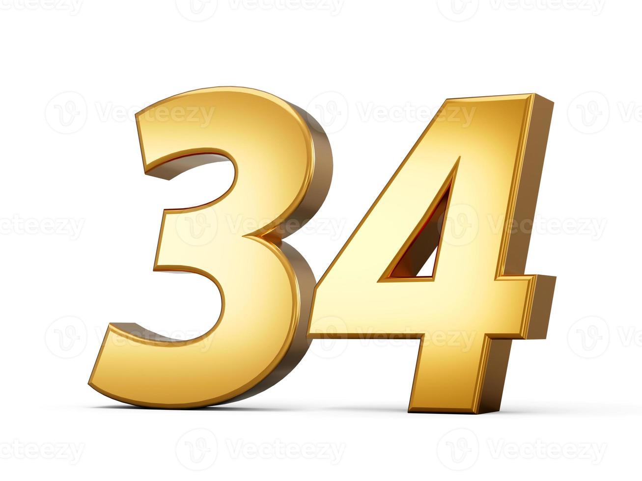 Golden metallic Number 34 thirty four, White background 3d illustration photo