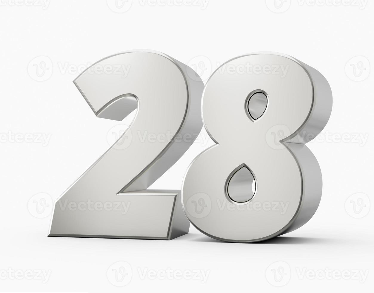 Silver 3d numbers 28 twenty eight. Isolated white background 3d illustration photo