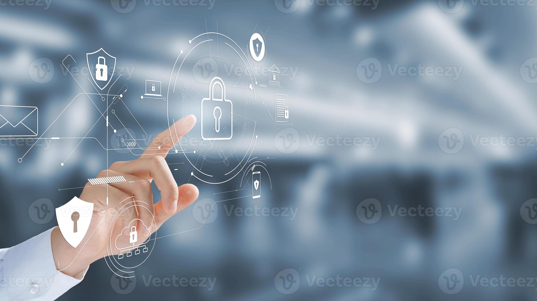 Businessman touching the screen data network encryption, internet network security Data protection and privacy on Internet technology, protecting business transactions from digital cyber attacks. photo