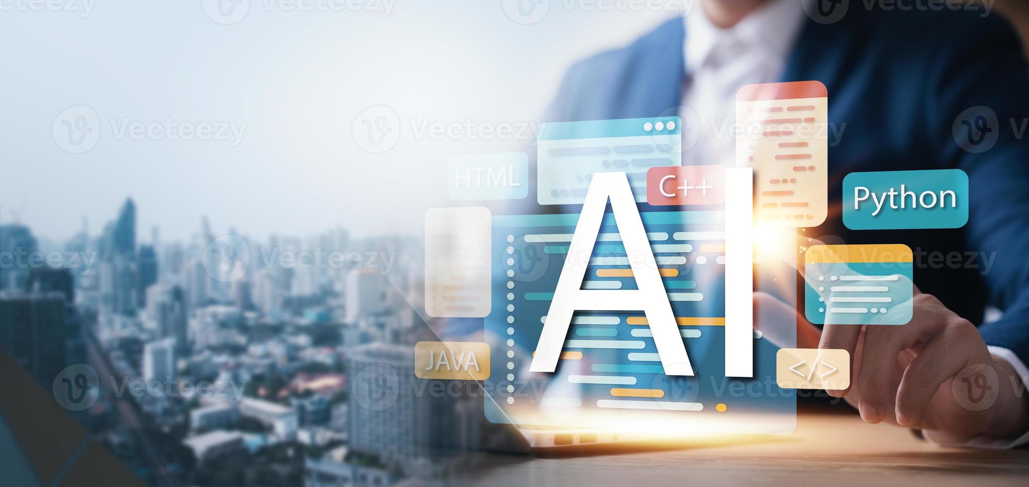 Development of artificial intelligence AI, business people experience brain function, artificial intelligence algorithms, new generation of connected and innovative technologies, machine learning. photo