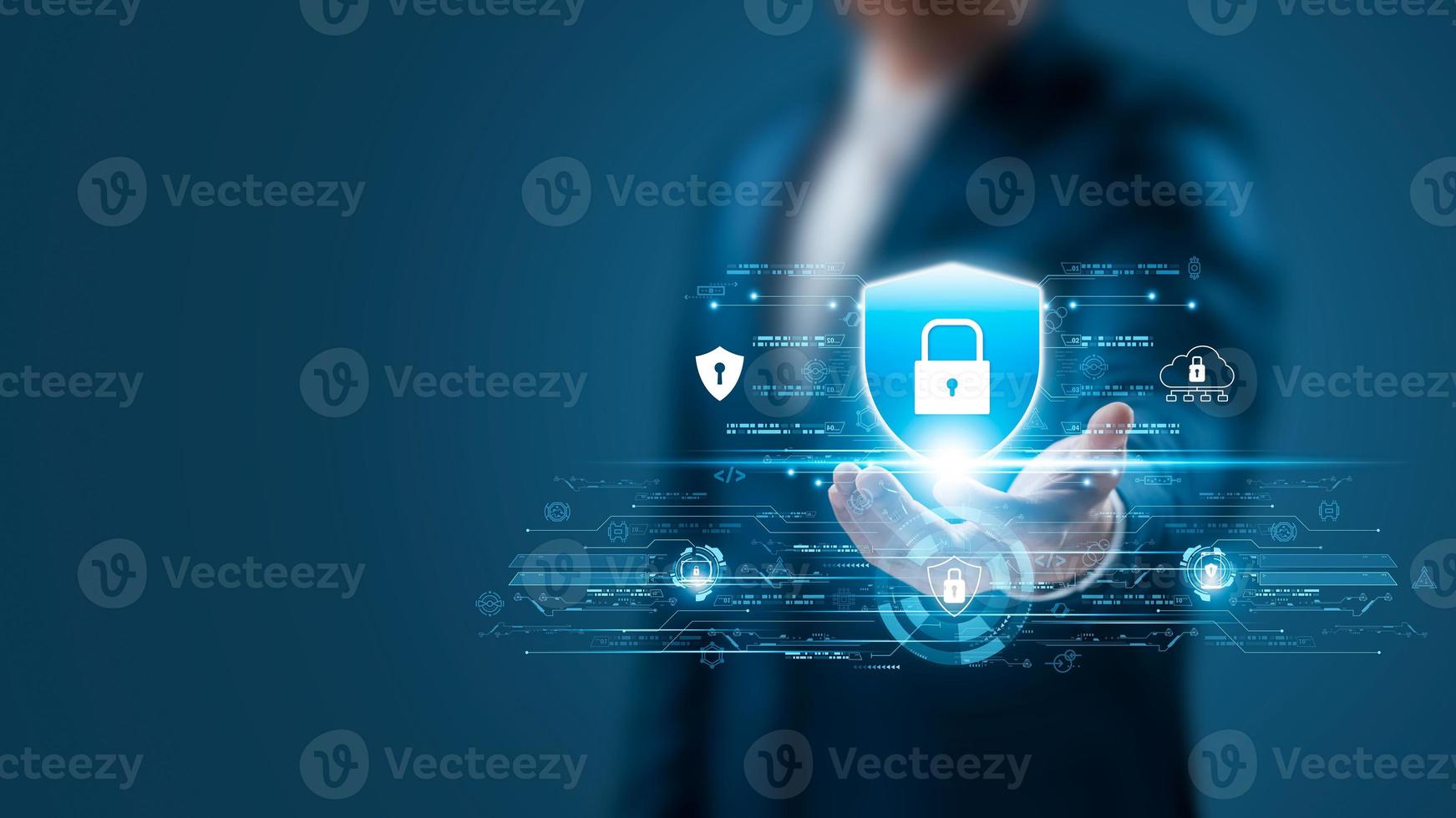 Cybersecurity Privacy data protection concept, businessman holding key protect business and financial data with virtual network connection, security internet access, security encryption. photo