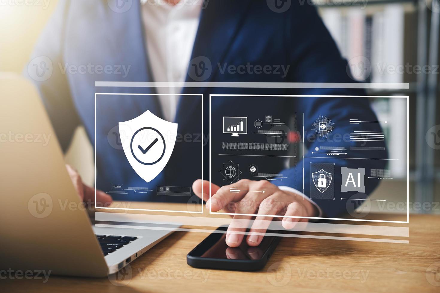 Cybersecurity and privacy concepts to protect data. Lock icon and internet network security technology. Businessmen protecting personal data on virtual interfaces. photo