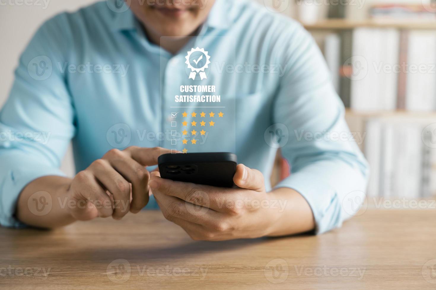 Customer Satisfaction Survey concept, 5-star satisfaction, service experience rating online application, customer evaluation product service quality, satisfaction feedback review, good quality most. photo