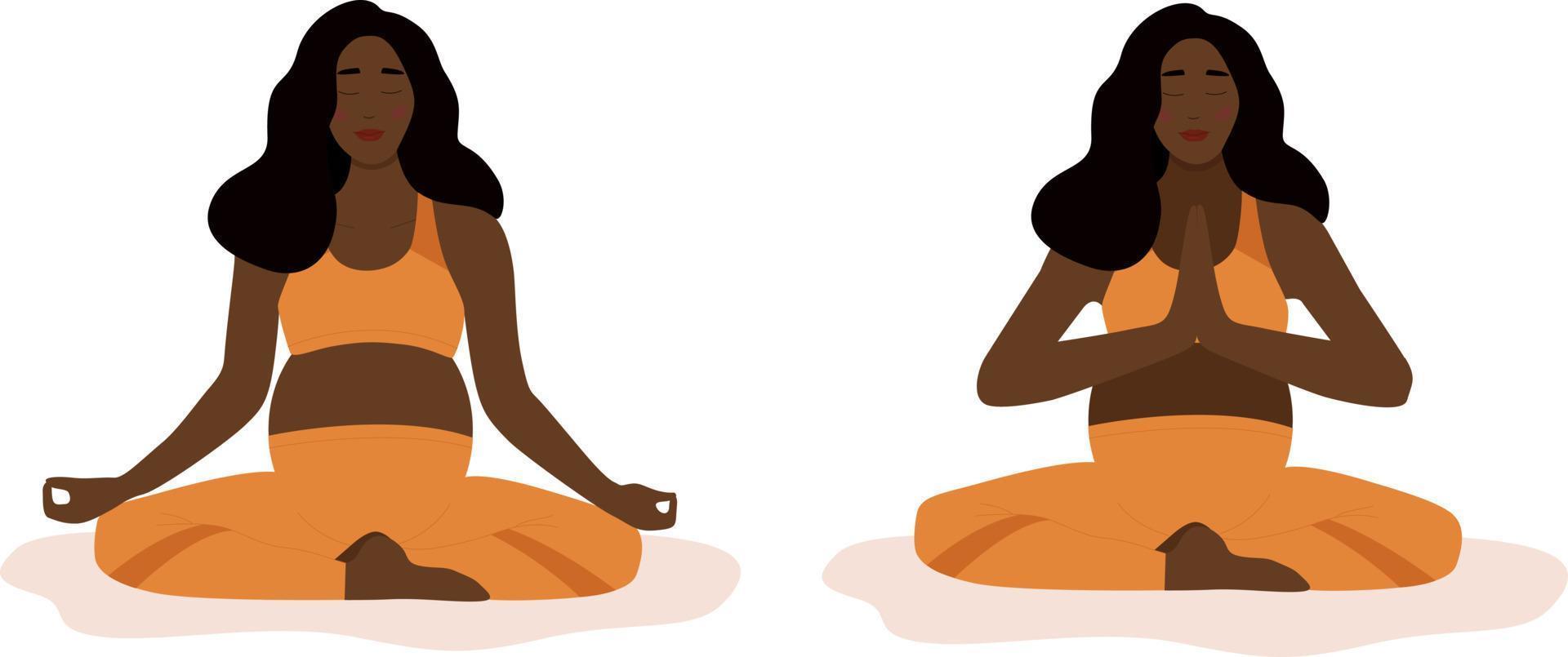A pregnant African American woman meditates in the lotus position and practices yoga. The concept of yoga, meditation, relaxation, health, pregnancy, motherhood. Breathing exercises and health care. vector