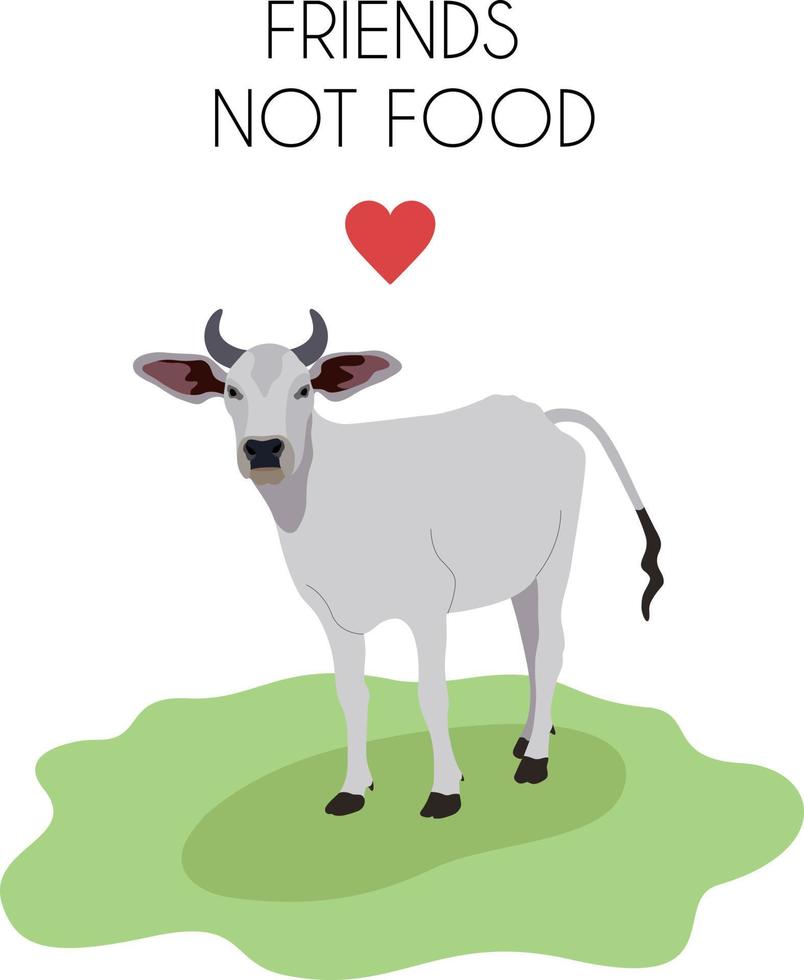 Friends not food. I am vegan. Cute spotted cow stands and look with her big, king eyes. Happy animal friend, no cruelty, veganism or vegetarianism concept. Vector isolated illustration.