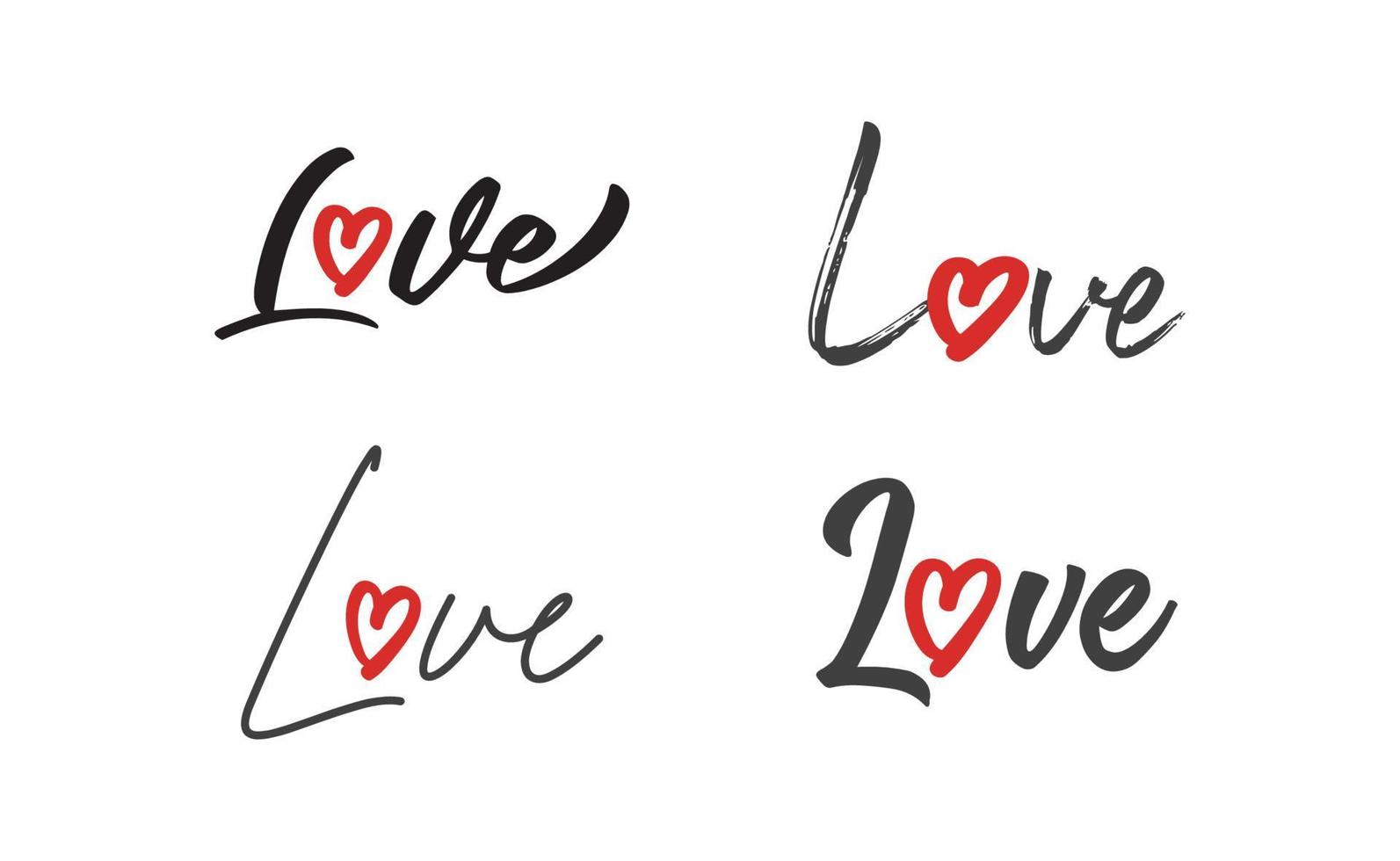 Love lettering with heart shape icon. Hand drawn style romantic card design. vector