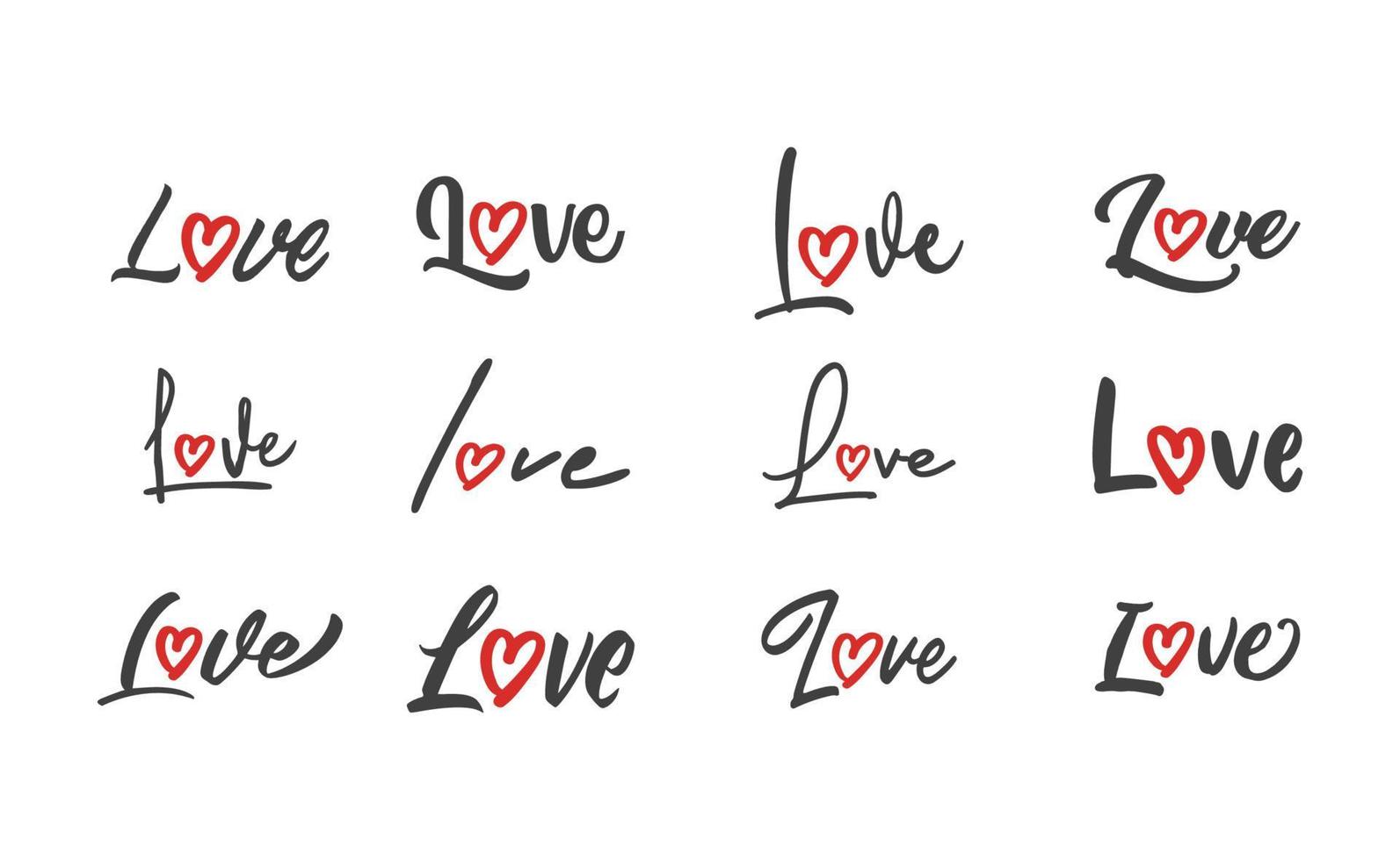 Love lettering with heart shape icon. Hand drawn style romantic card design. vector