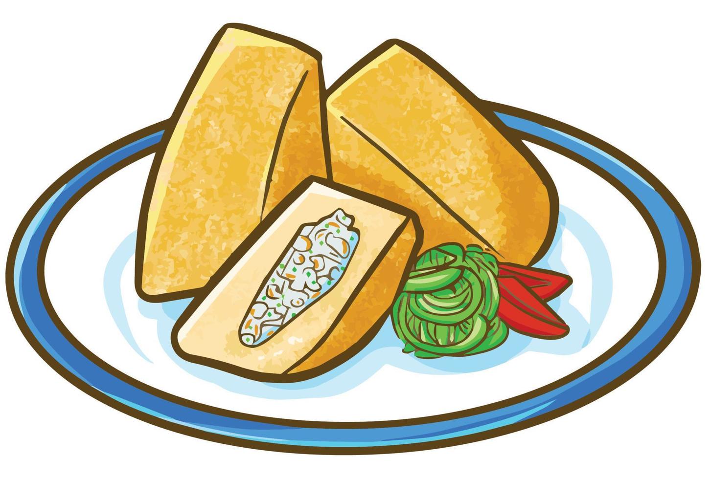 Funny and yummy cute Indonesian tofu or Tahu Isi. Tofu filled with meat and vegetables vector