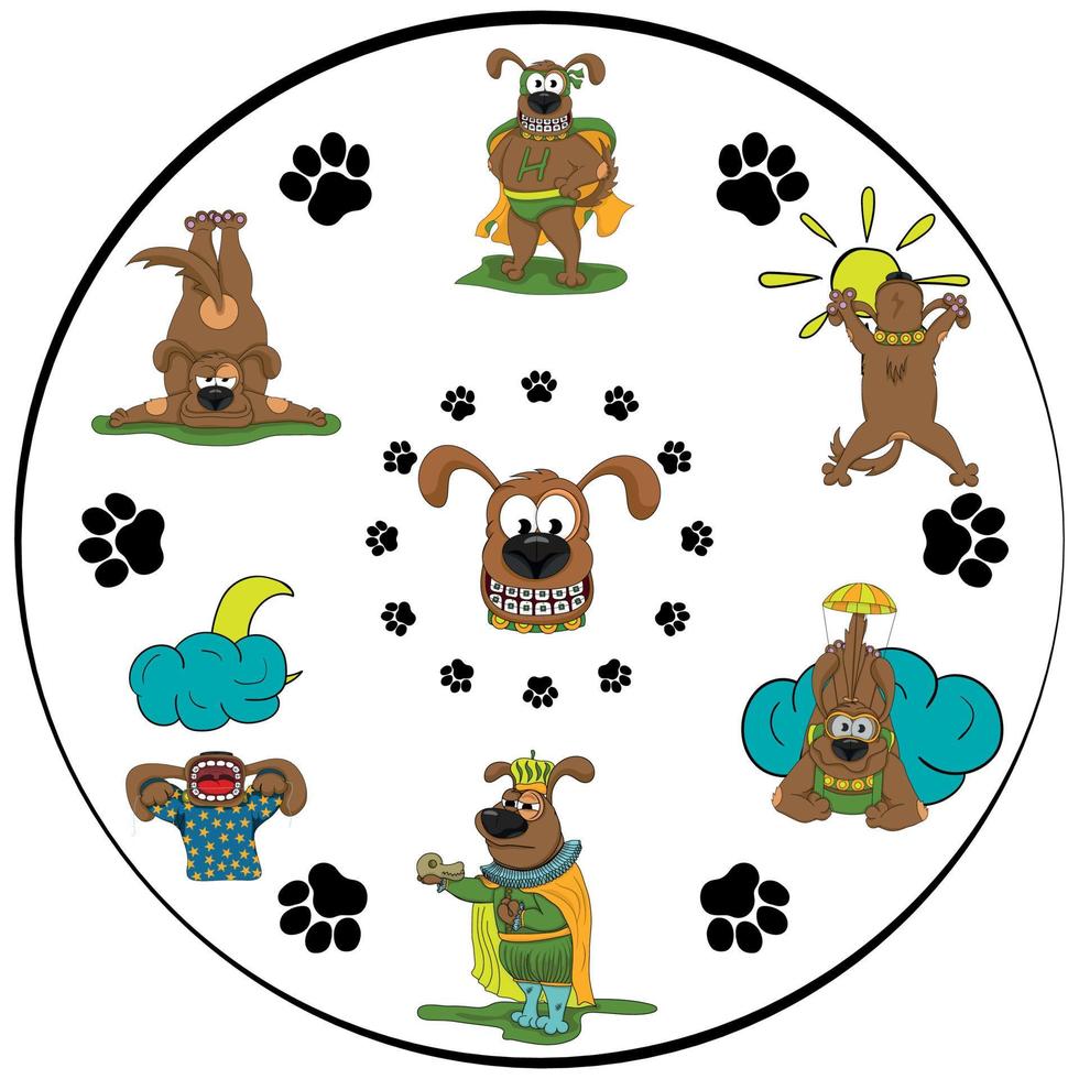 Dogs clock face background. Clock with illustrations of funny dogs instead of a dial. vector