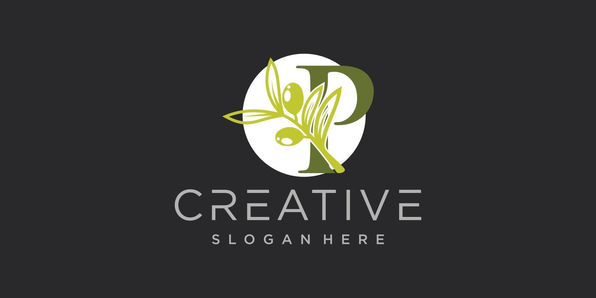 Letter logo P with olive branches illustration of green leaves Premium Vector
