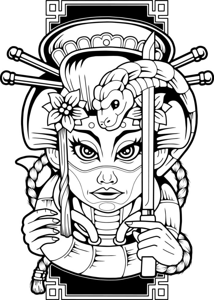 samurai cyborg chica, monocromo ilustración vector