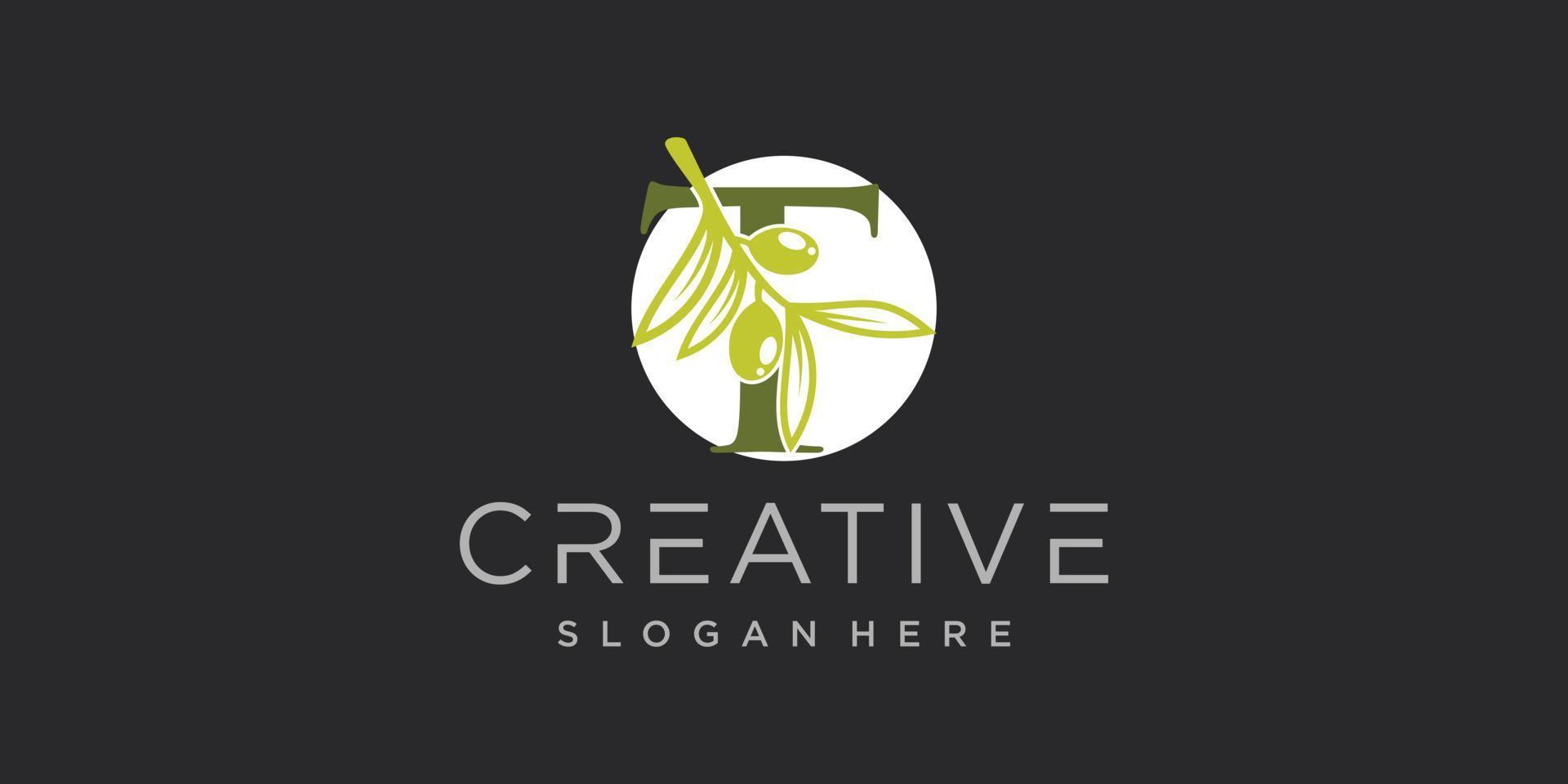 Letter logo T with olive branches illustration of green leaves Premium Vector