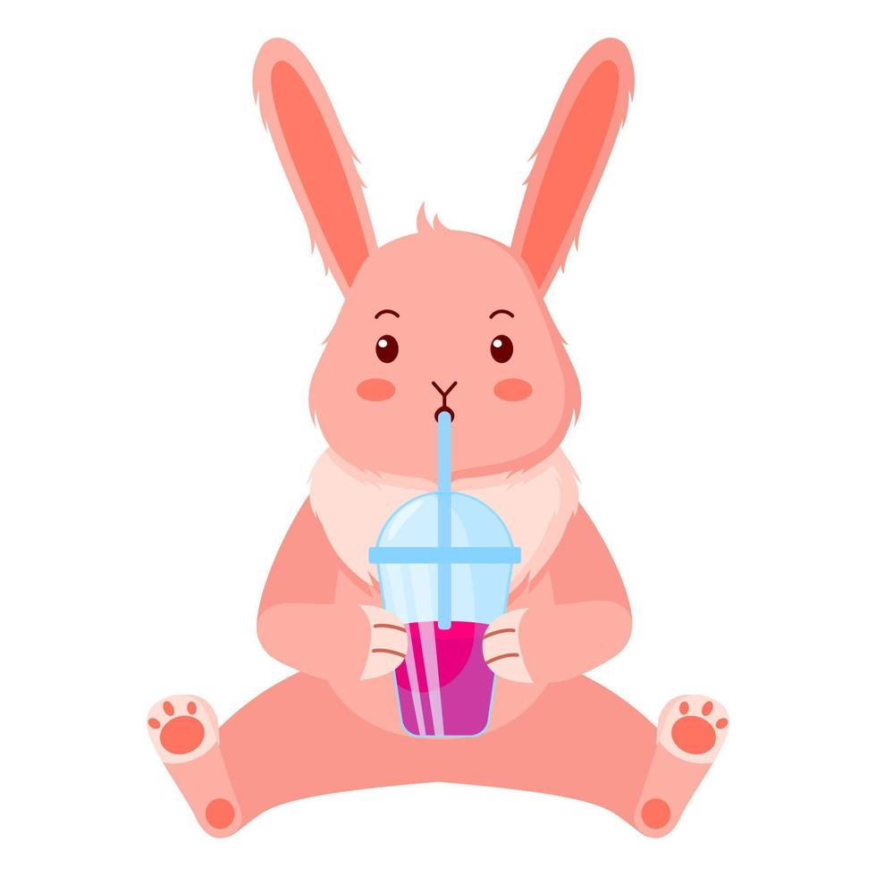 Cute pink rabbit with a milkshake. vector