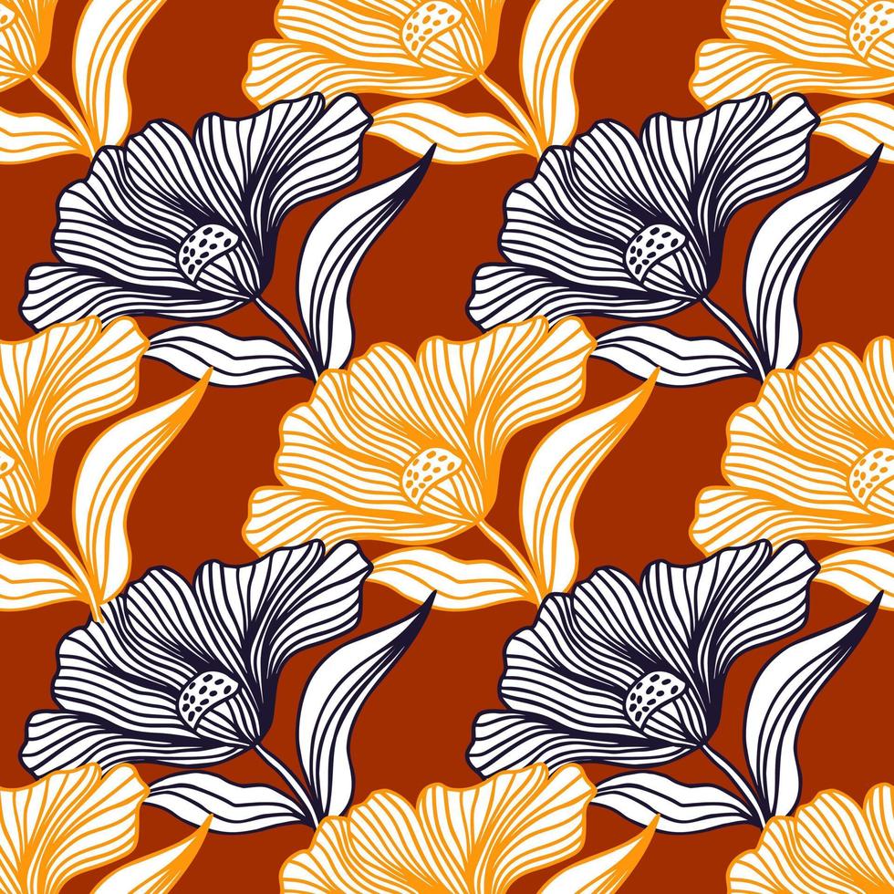 Beautiful flower line seamless pattern ornament. Floral vintage outline endless background. Retro style. vector