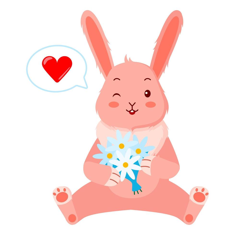 Cute pink rabbit with a bouquet of daisies and a heart. vector