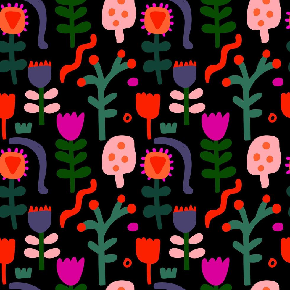 Seamless pattern with flowers and plants on a black background. vector