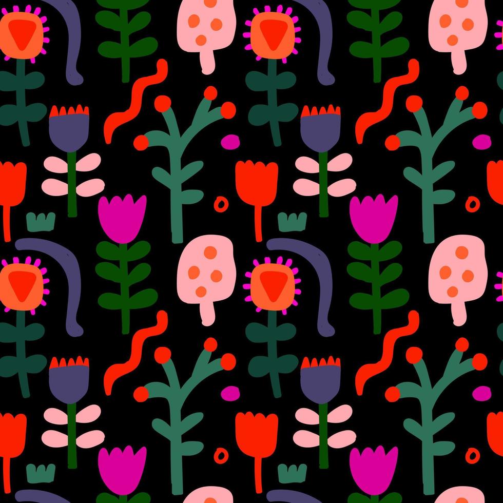 Seamless pattern with flowers and plants on a black background. vector