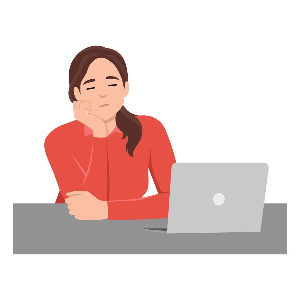 Tired female student or office worker sleeping at desk. Woman falling asleep while working or studying flat vector illustration. Education, fatigue, occupation . Flat vector illustration isolated