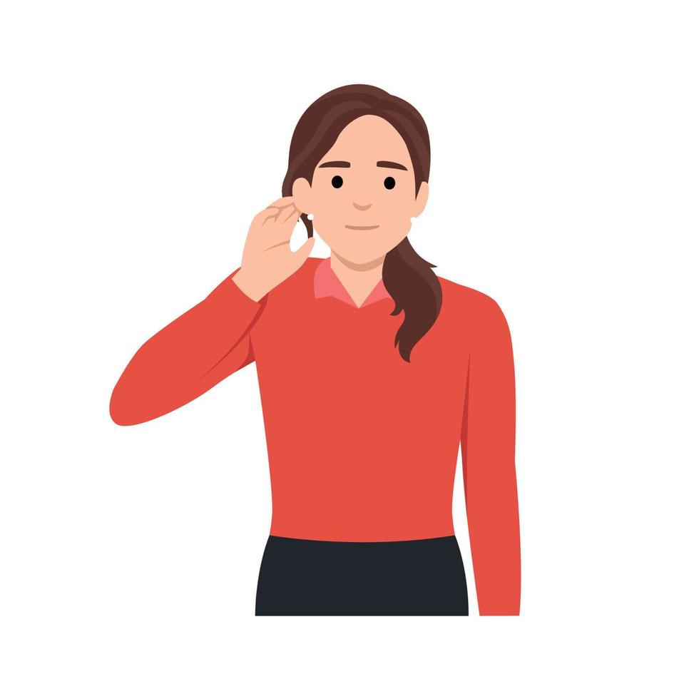 joven bonito sonriente mujer escuchando con su mano en un oído aislado terminado blanco antecedentes facial expresión con gesto. plano vector ilustración aislado en blanco antecedentes