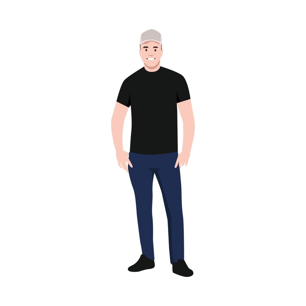 Man wearing stylish clothes in hip hop style, isolated male character in cap, Black tshirt and baggy trousers. Fashion and stylish outfit for guys, youth and boys. vector
