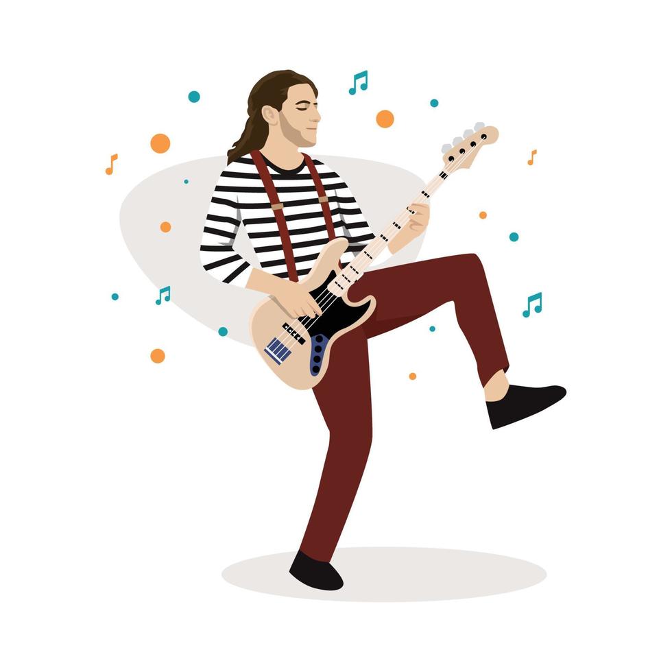 The musician man playing bass guitar. Flat vector illustration isolated on white background