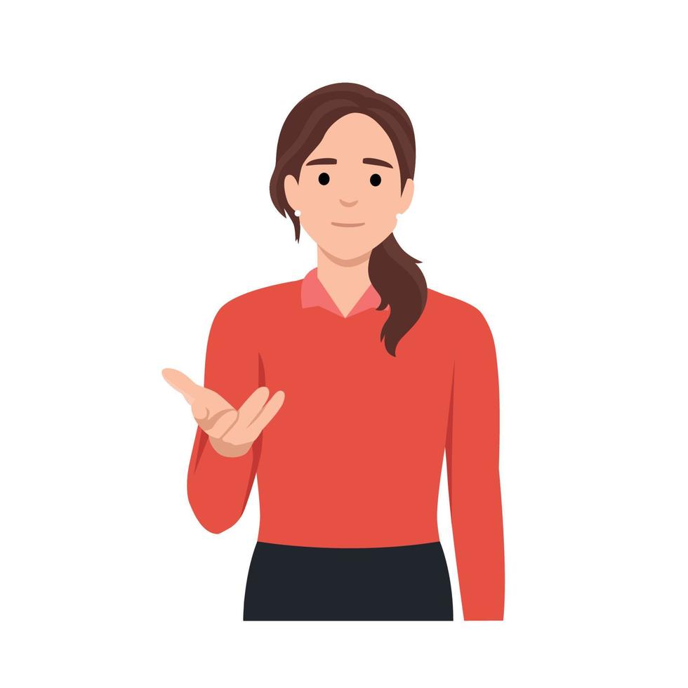 joven mujer en pie y hablando con mano gesto molesto a condenar. pedir personas a unirse. plano vector ilustración aislado en blanco antecedentes