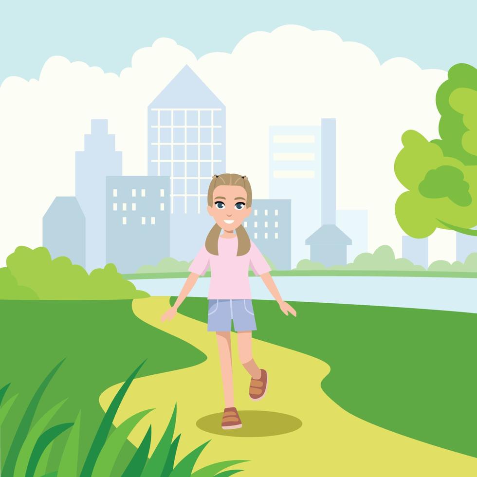 Cute Girl Walking on the Street from front view, Kid Summer Outdoor Activity Cartoon Vector Illustration