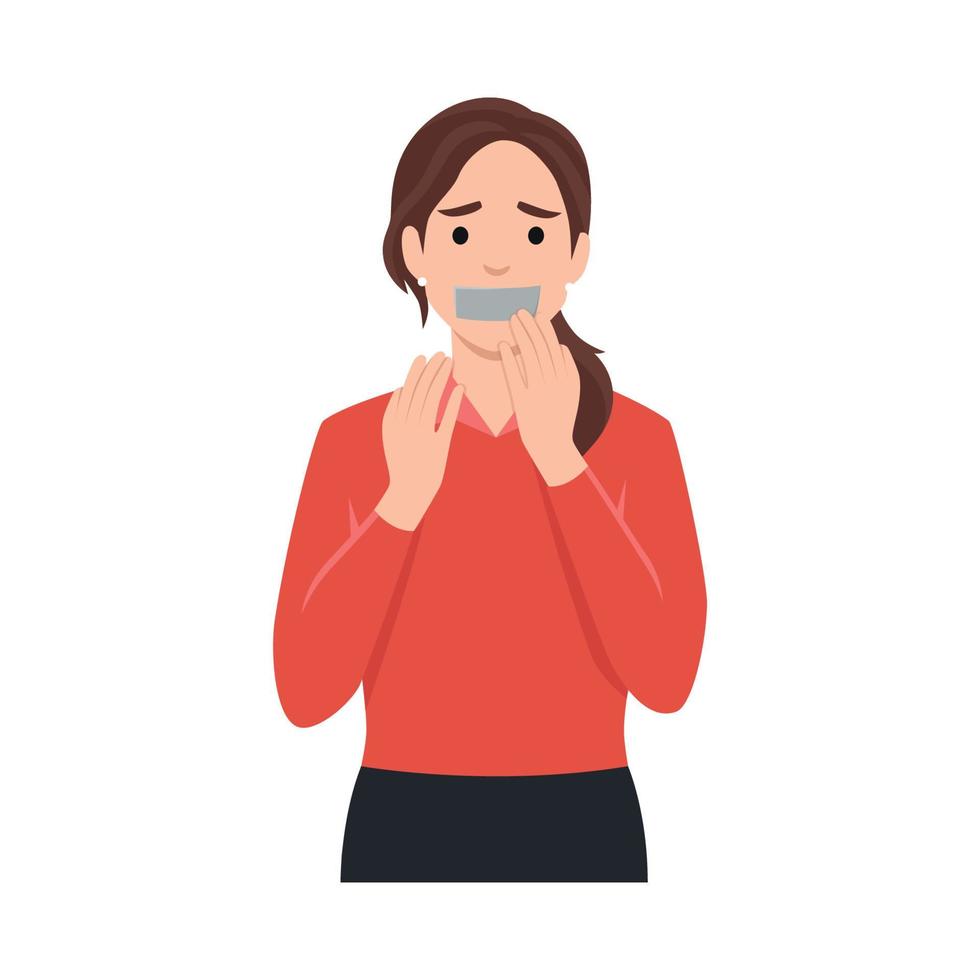 Young woman silenced with mouth covered with grey tape. Flat vector illustration isolated on white background