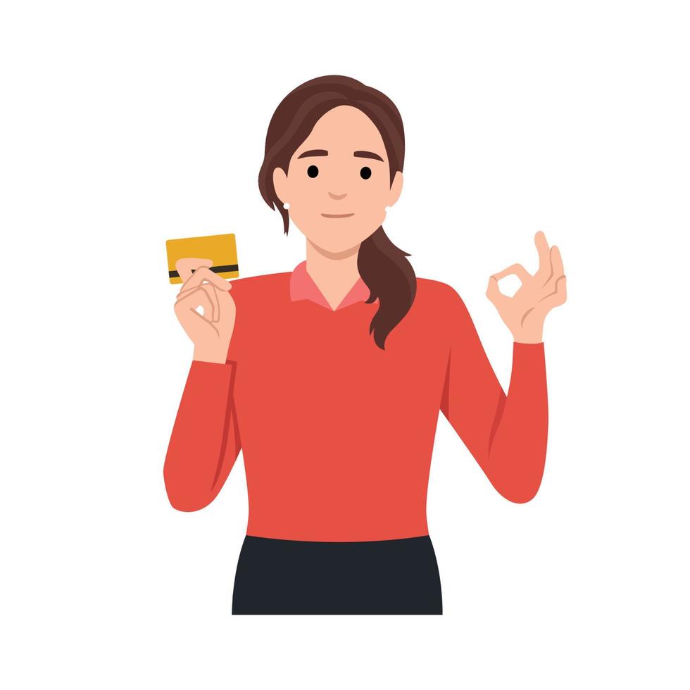 Professional business woman showing or holding credit or debit or ATM banking card and gesturing making okay or ok sign, while winking eye. Good like deal agree vector