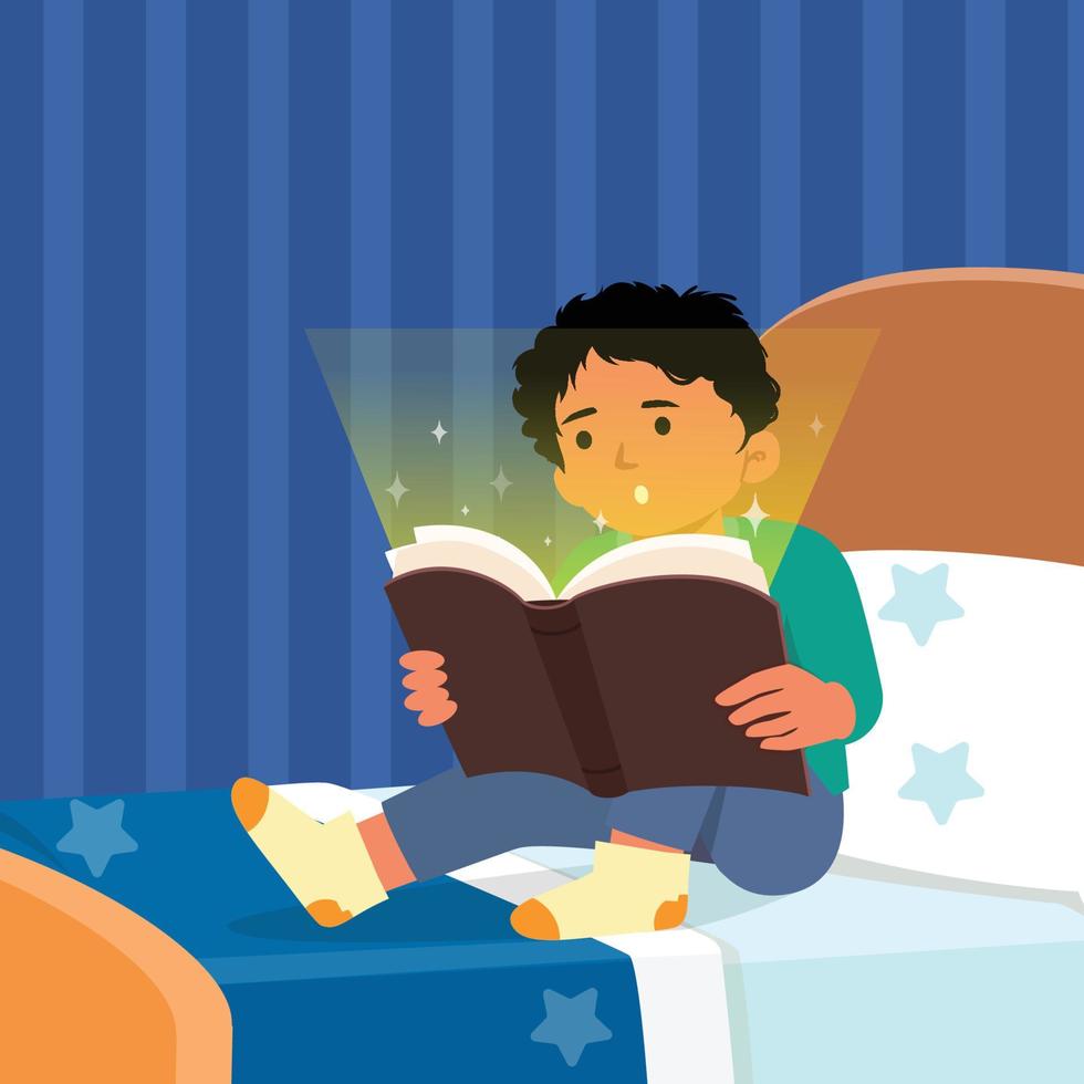 niños leyendo un libro. chico sorpresa y sonrisa. ligero es brillante brillantemente con libro. para niños aprendizaje concepto.vector ilustración, linda estilo. dibujos animados en azul antecedentes. vector