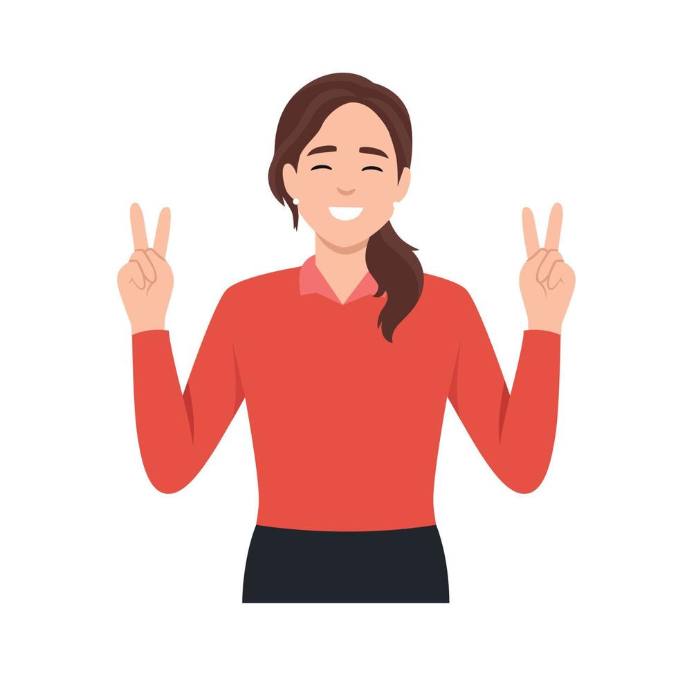 joven mujer con paz señales. firmar idioma gesticulación, paz gesto. bueno ánimo, alegría alegría y positivo emoción concepto. plano vector ilustración aislado en blanco antecedentes