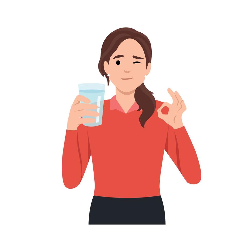 Young woman holds a glass of water in his hand with ok sign and wink. The concept of water balance and health. Vector flat illustration. Flat vector illustration isolated on white background