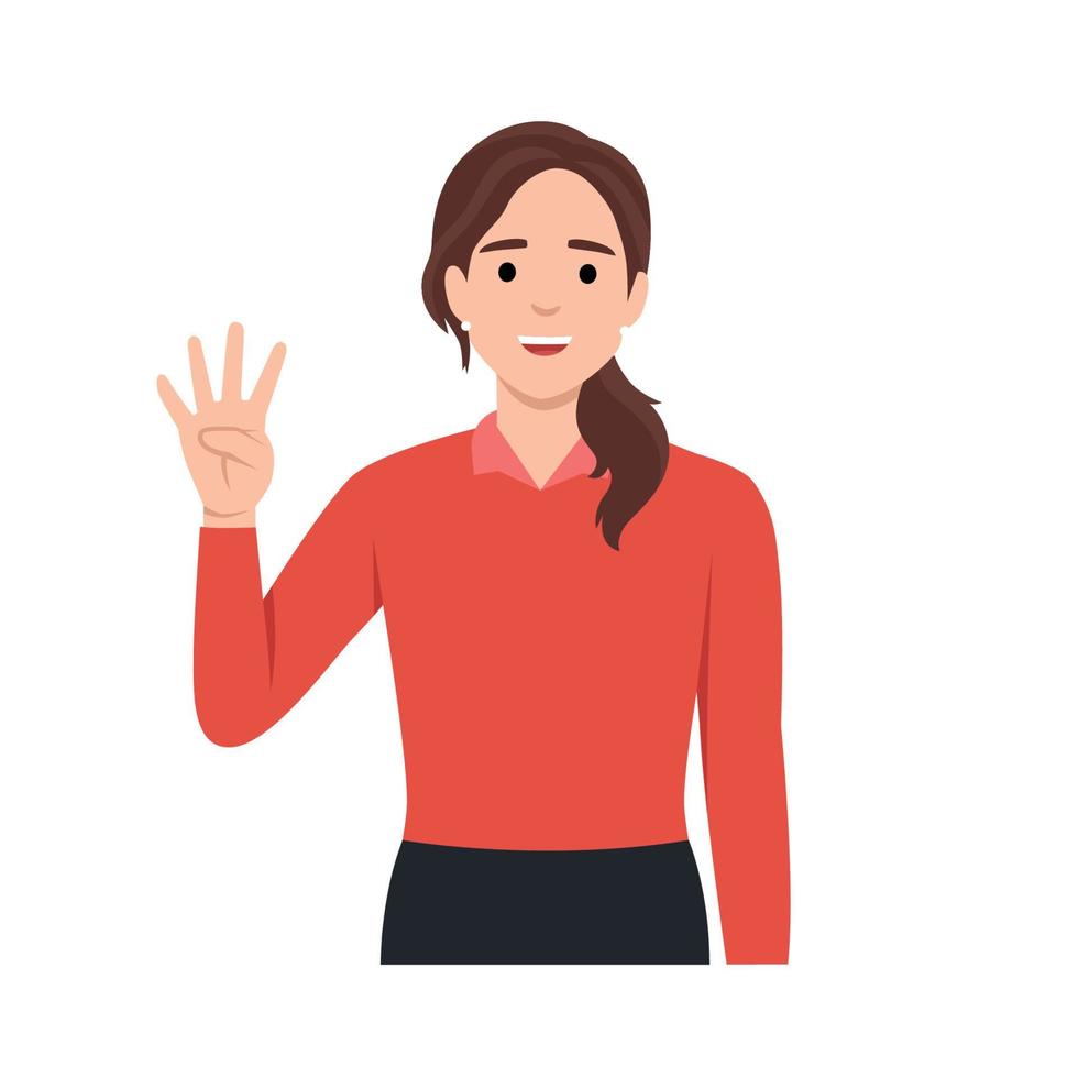 Young woman Character raise his hand to show the count number 4. Flat vector illustration isolated on white background