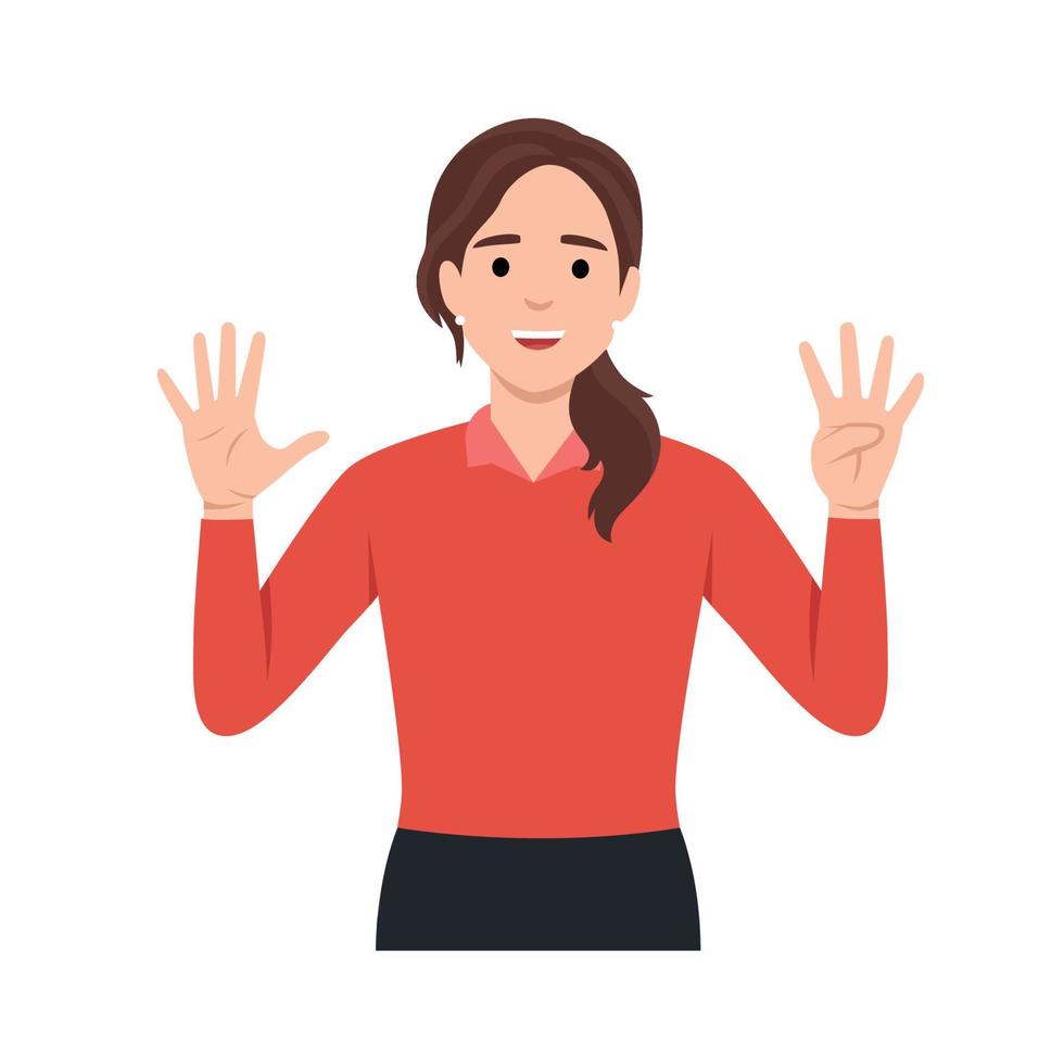 Young woman Character raise her hands to show the count number 9. Flat vector illustration isolated on white background