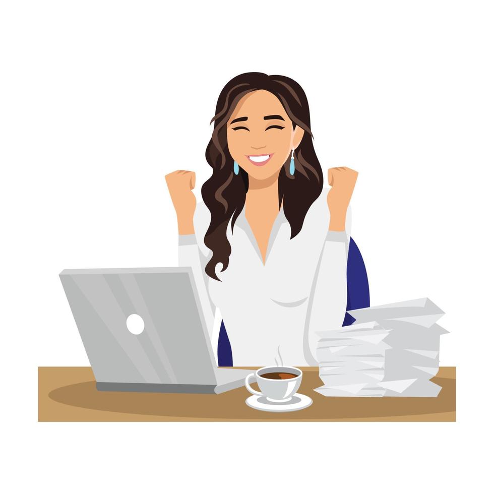 Excited beautiful woman using laptop computer sitting on desk and celebrating success Flat vector illustration isolated on white background