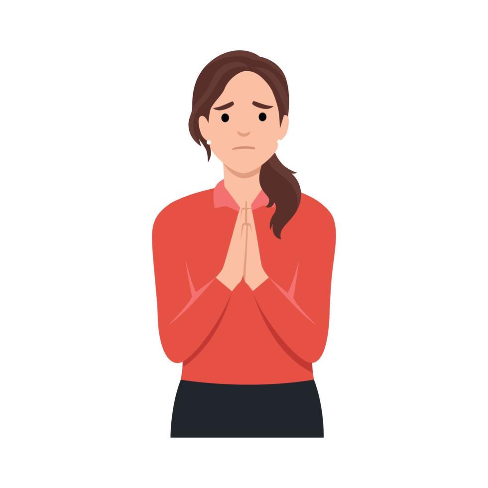 Young woman pathetic expressions forgiveness emotions concept. Young blonde female look holding palms pressed together, asking for forgiveness, feeling sorry.Flat vector illustration isolated