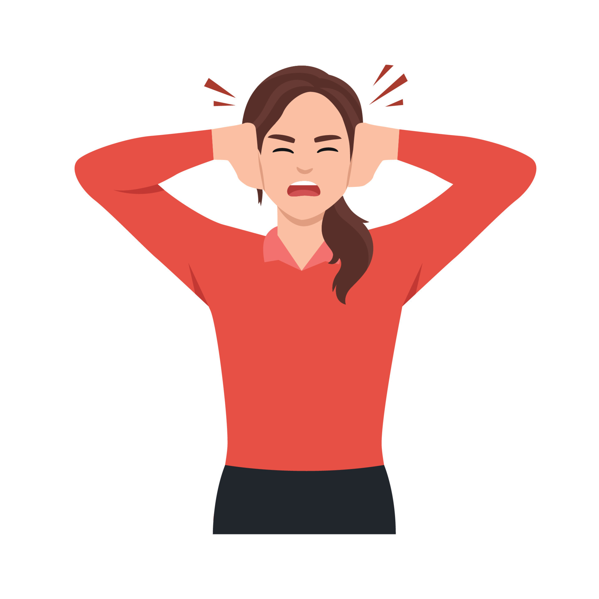 Young woman covering his ears with her hands. Flat vector illustration