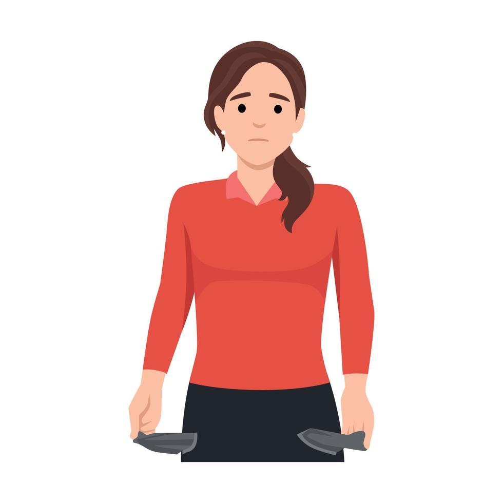 Young woman shows empty pockets. Turned inside out, no money, financial