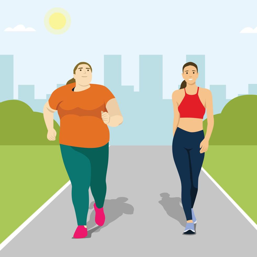 Fat and overweight figure concept. Sad depressed fat overweight woman standing opposite slim sporty and fir shape female vector illustration