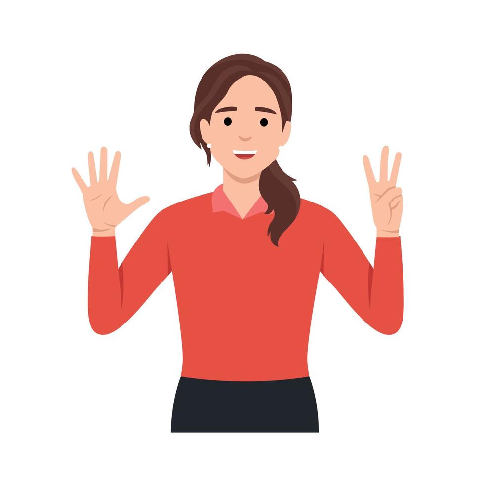 Young woman Character raise her hands to show the count number 8. Flat vector illustration isolated on white background