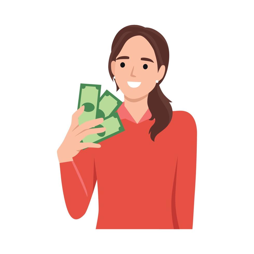 Young rich woman holding dollar bills in hands excited with win or promotion. Happy female count money joyful with income or revenue. Flat vector illustration isolated on white background