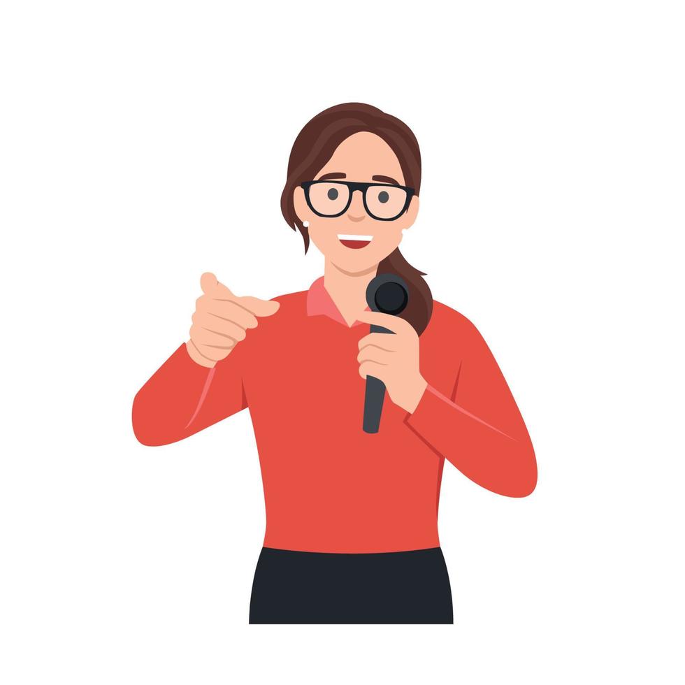 Young woman mc with microphone talking and pointing to the audience. Flat vector illustration isolated on white background