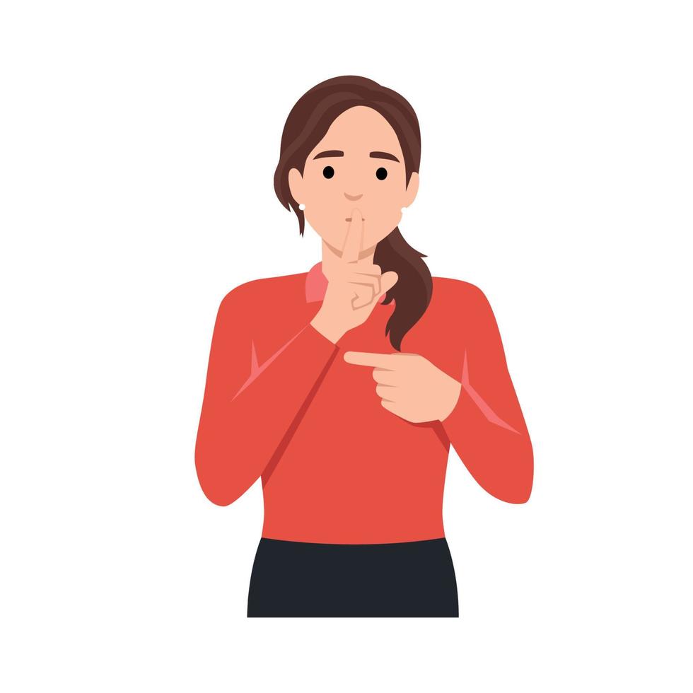 Young woman Shh Gesture is quieter. The concept of male secret. A man asks for silence and pointing to side. Flat vector illustration isolated on white background