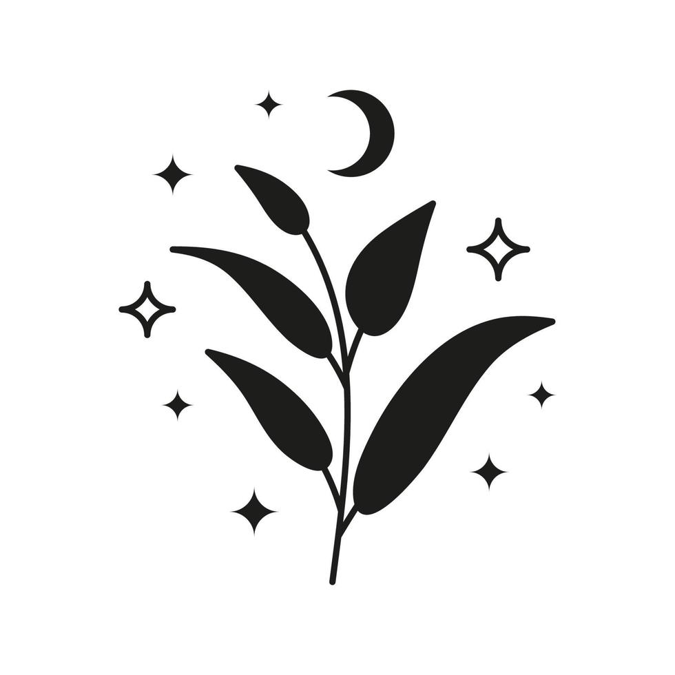 Black celestial leafy branch and stars, crescent moon. vector