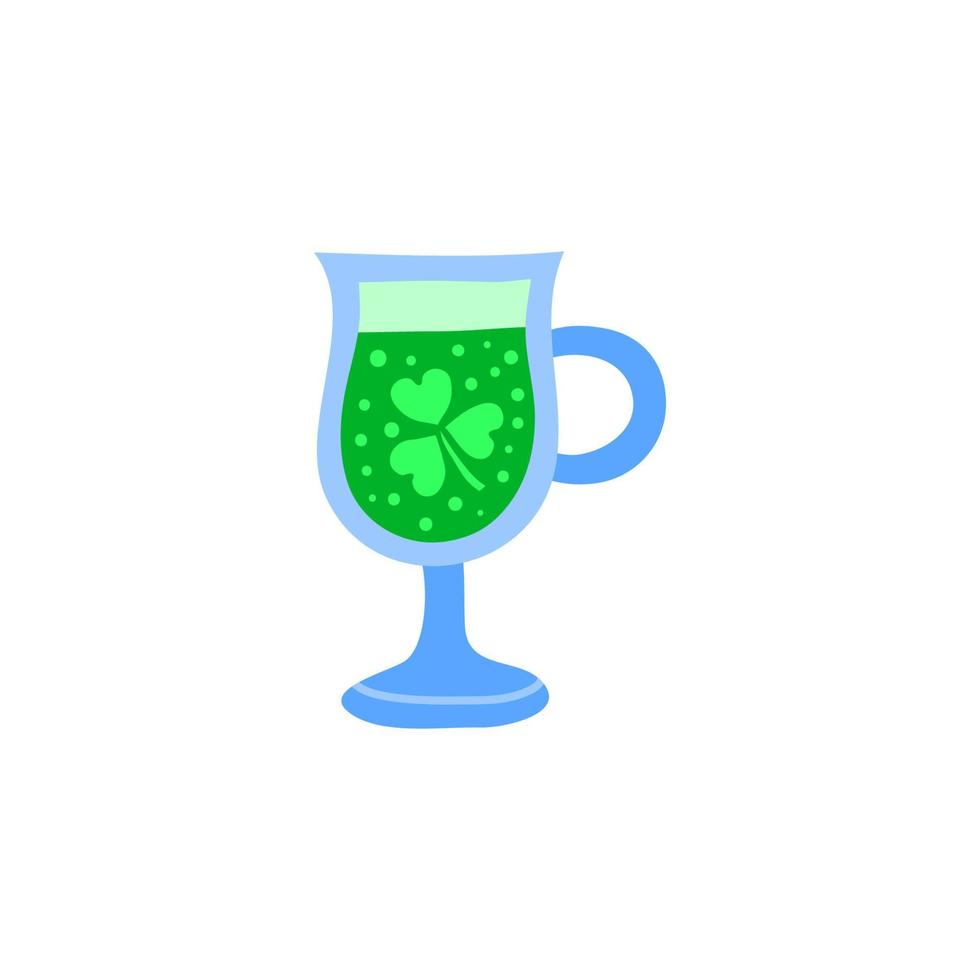 Doodle green beer in glass mug with clover. vector