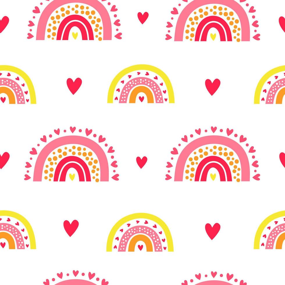 Seamless pattern with Scandinavian rainbows and hearts. vector